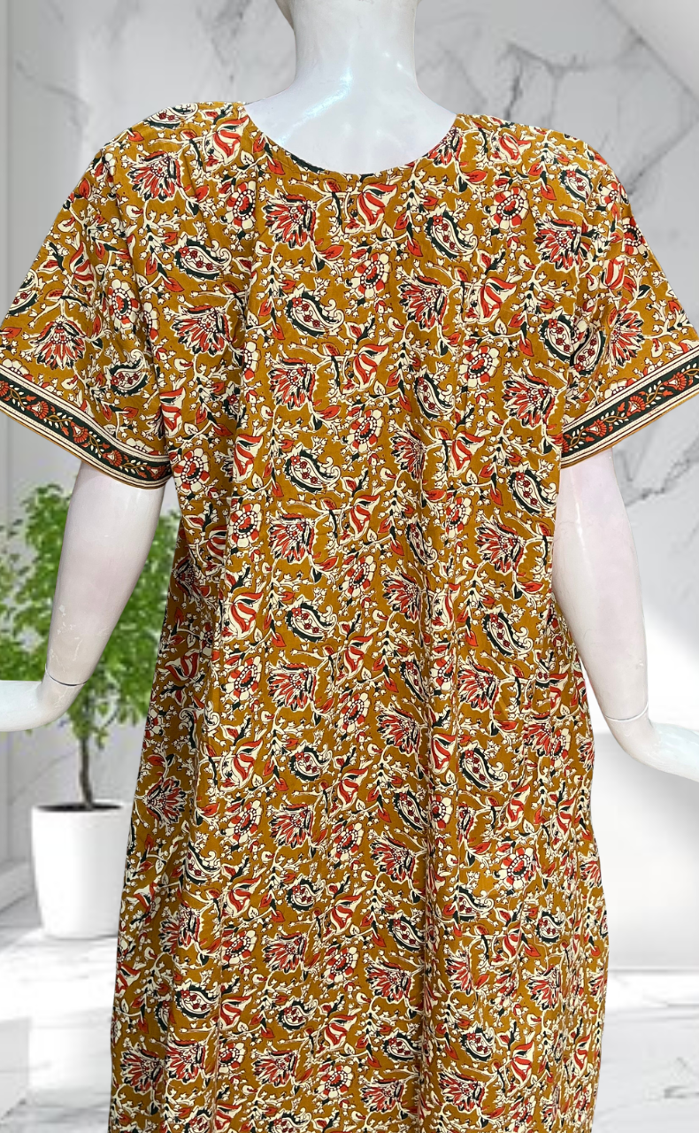 Yellow Kalamkari Pure Cotton Nighty. Pure Durable Cotton | Laces and Frills