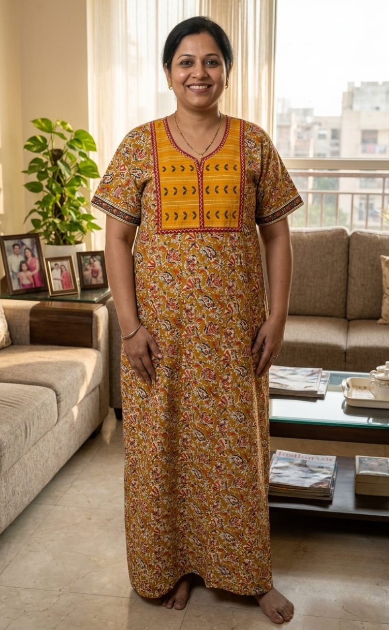 Yellow Kalamkari Pure Cotton Nighty. Pure Durable Cotton | Laces and Frills