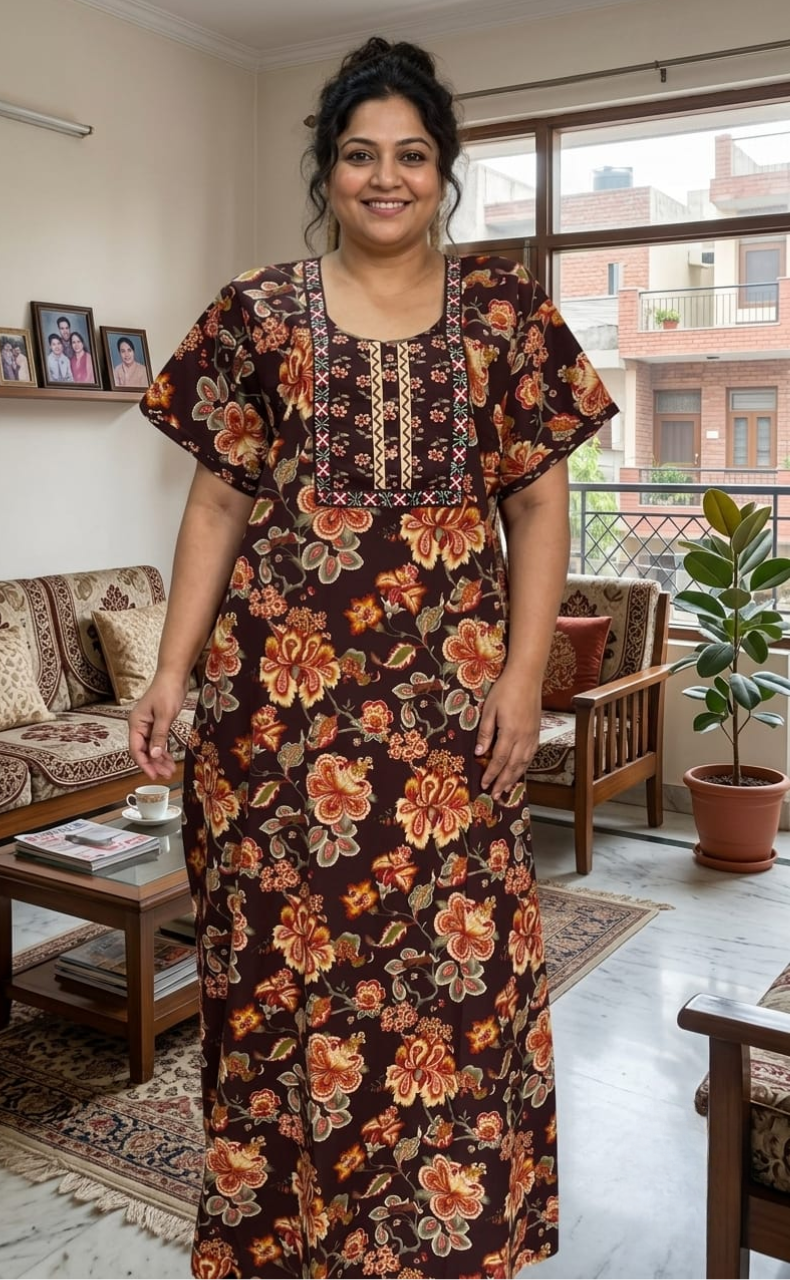 Brown Garden Pure Cotton Nighty. Pure Durable Cotton | Laces and Frills