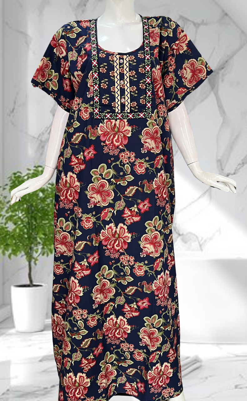 Navy Blue Garden Pure Cotton Nighty. Pure Durable Cotton | Laces and Frills