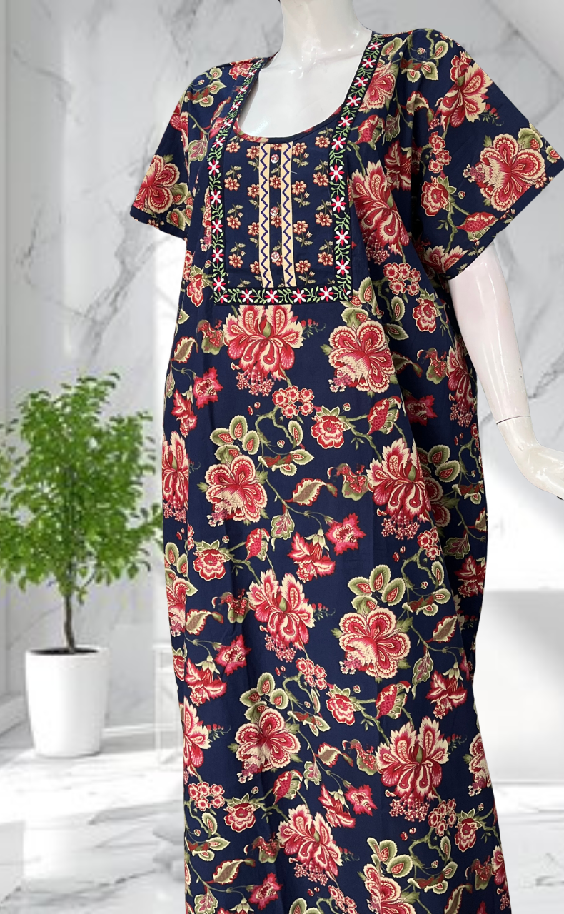 Navy Blue Garden Pure Cotton Nighty. Pure Durable Cotton | Laces and Frills