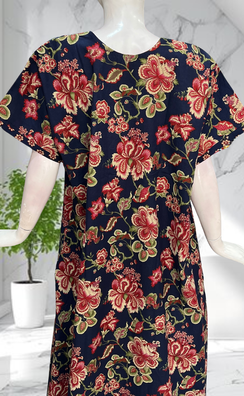 Navy Blue Garden Pure Cotton Nighty. Pure Durable Cotton | Laces and Frills