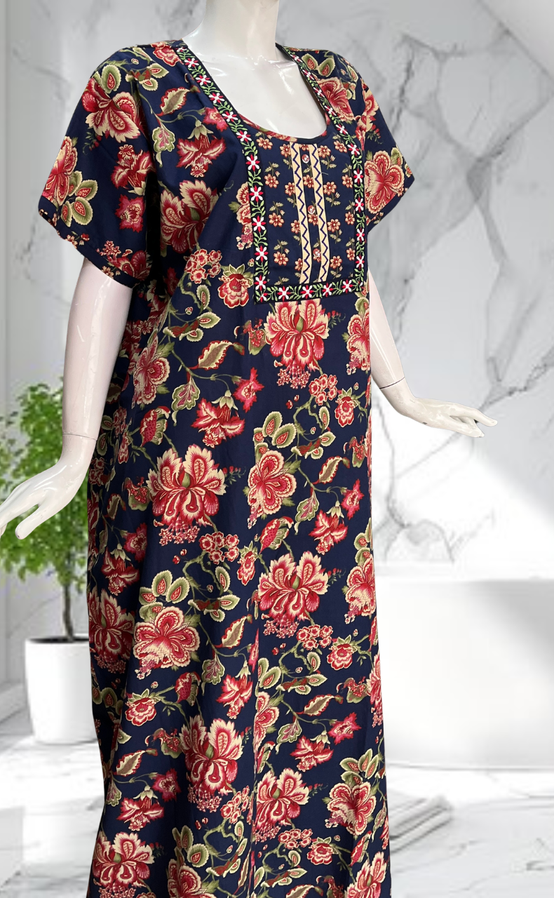 Navy Blue Garden Pure Cotton Nighty. Pure Durable Cotton | Laces and Frills