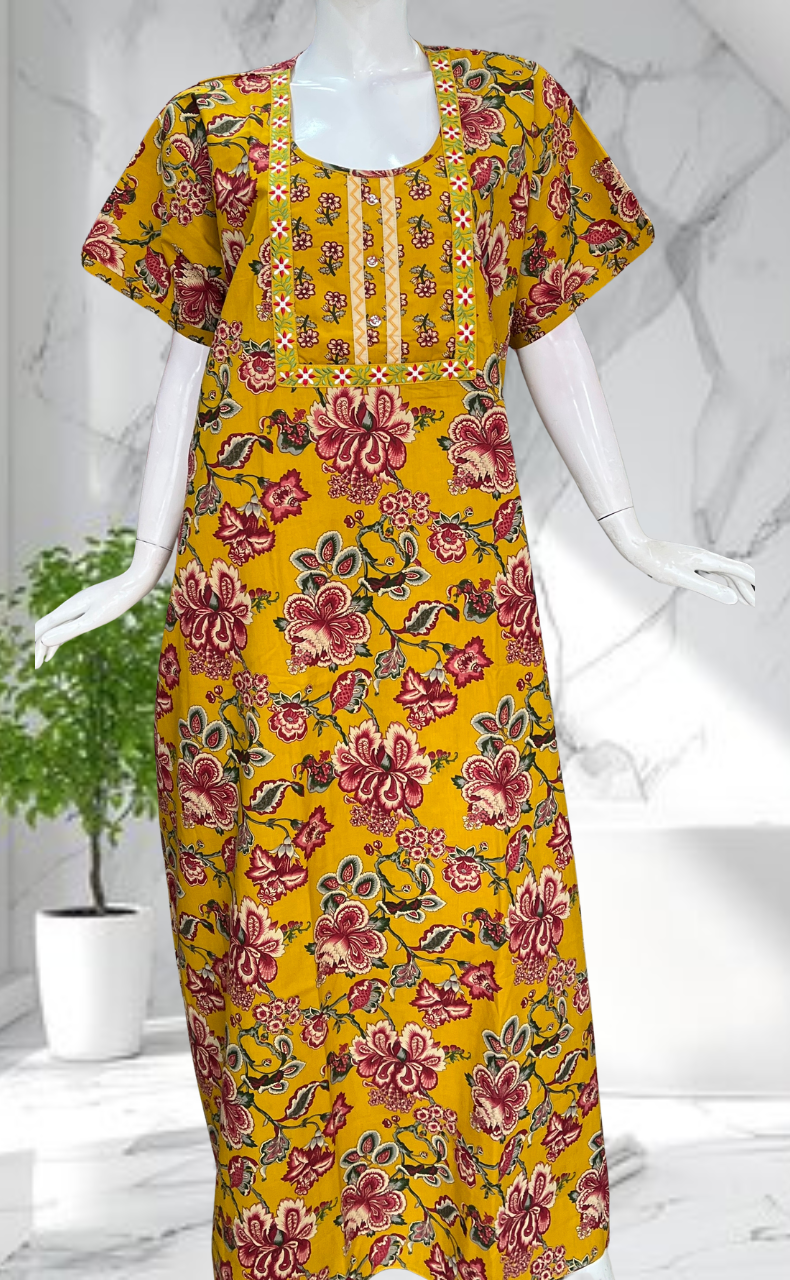 Yellow Garden Pure Cotton Nighty. Pure Durable Cotton | Laces and Frills