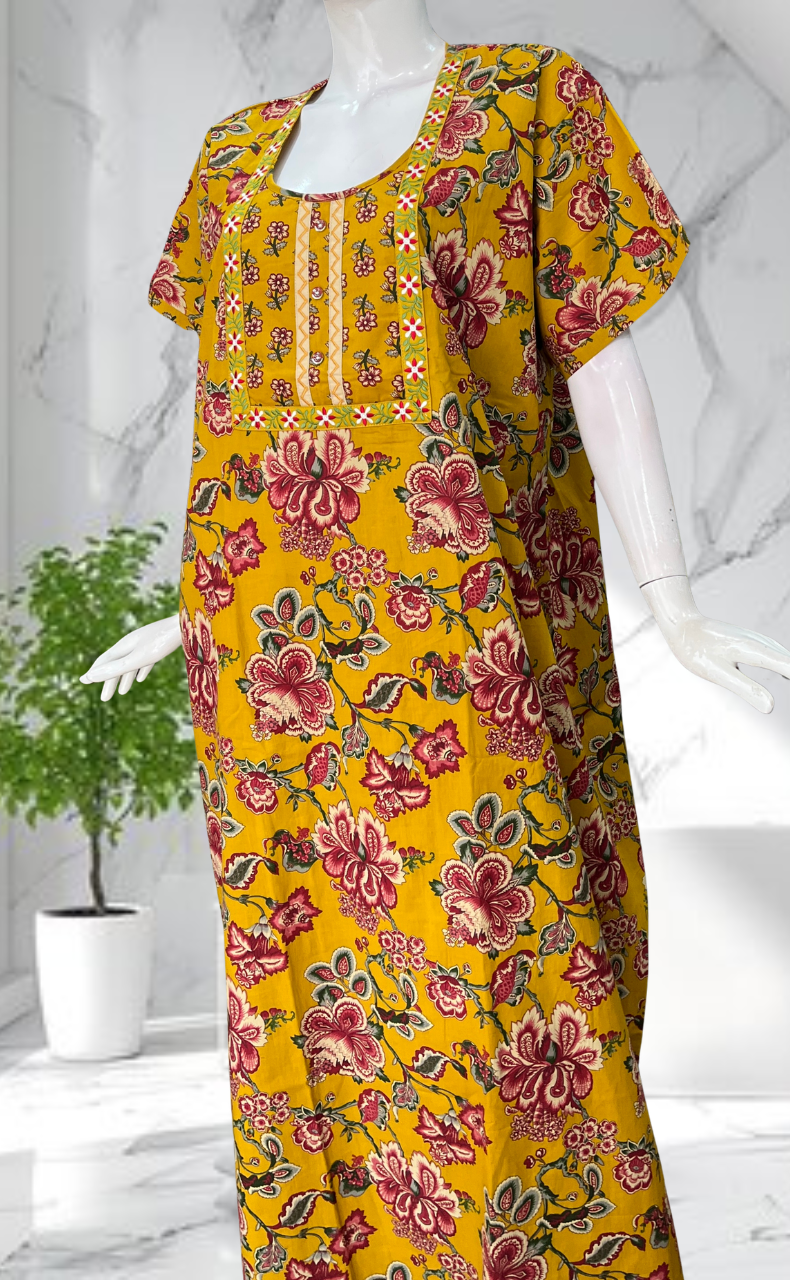 Yellow Garden Pure Cotton Nighty. Pure Durable Cotton | Laces and Frills