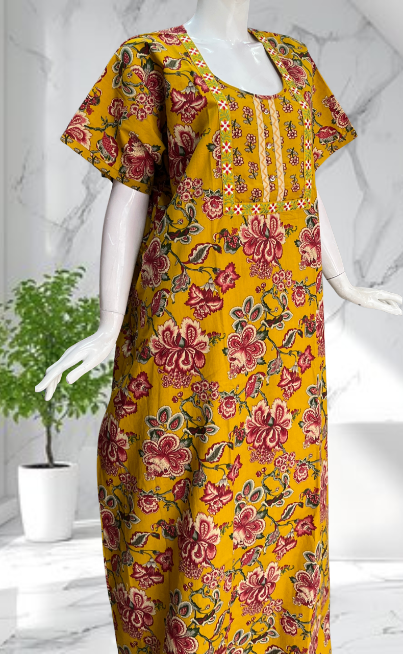 Yellow Garden Pure Cotton Nighty. Pure Durable Cotton | Laces and Frills