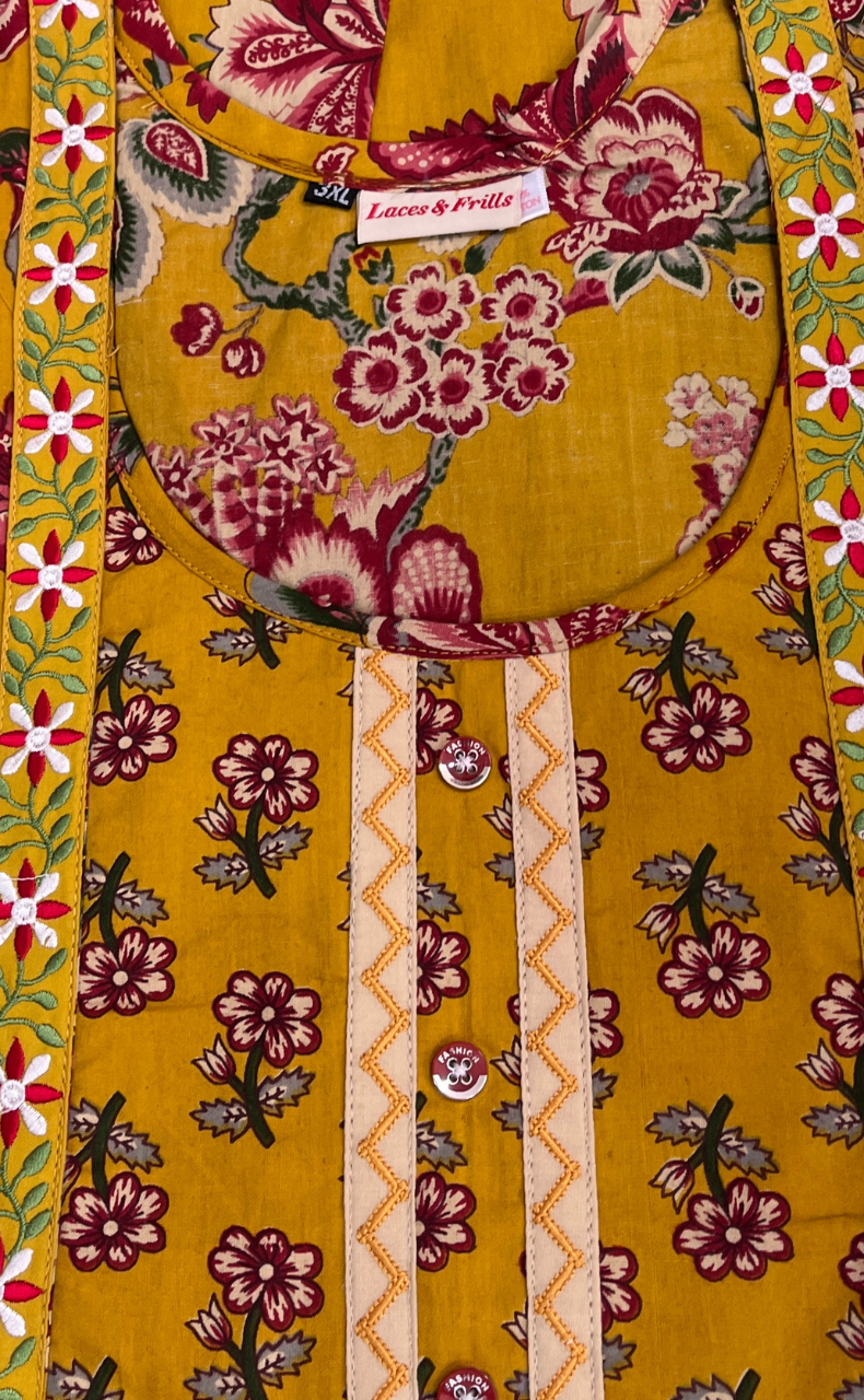 Yellow Garden Pure Cotton Nighty. Pure Durable Cotton | Laces and Frills