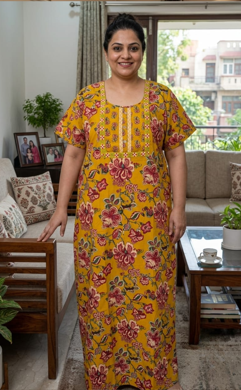 Yellow Garden Pure Cotton Nighty. Pure Durable Cotton | Laces and Frills