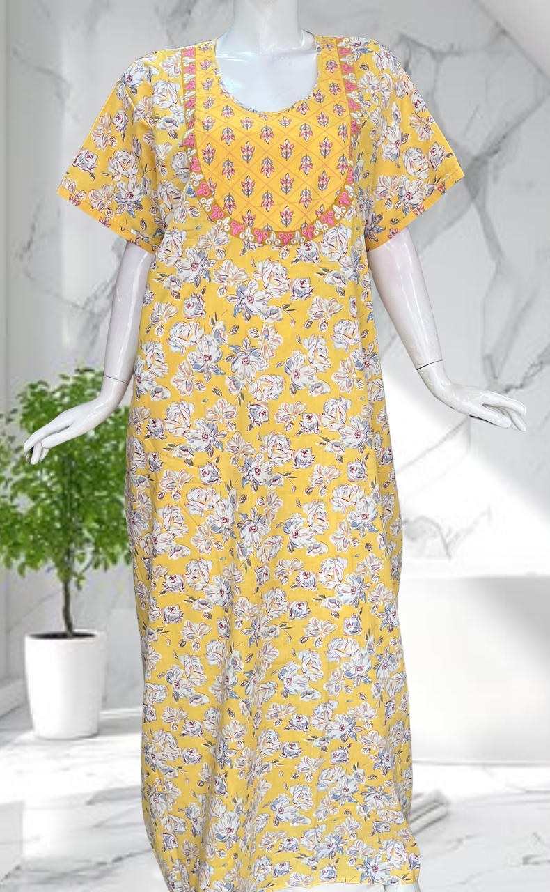 Yellow Garden Pure Cotton Nighty. Pure Durable Cotton | Laces and Frills