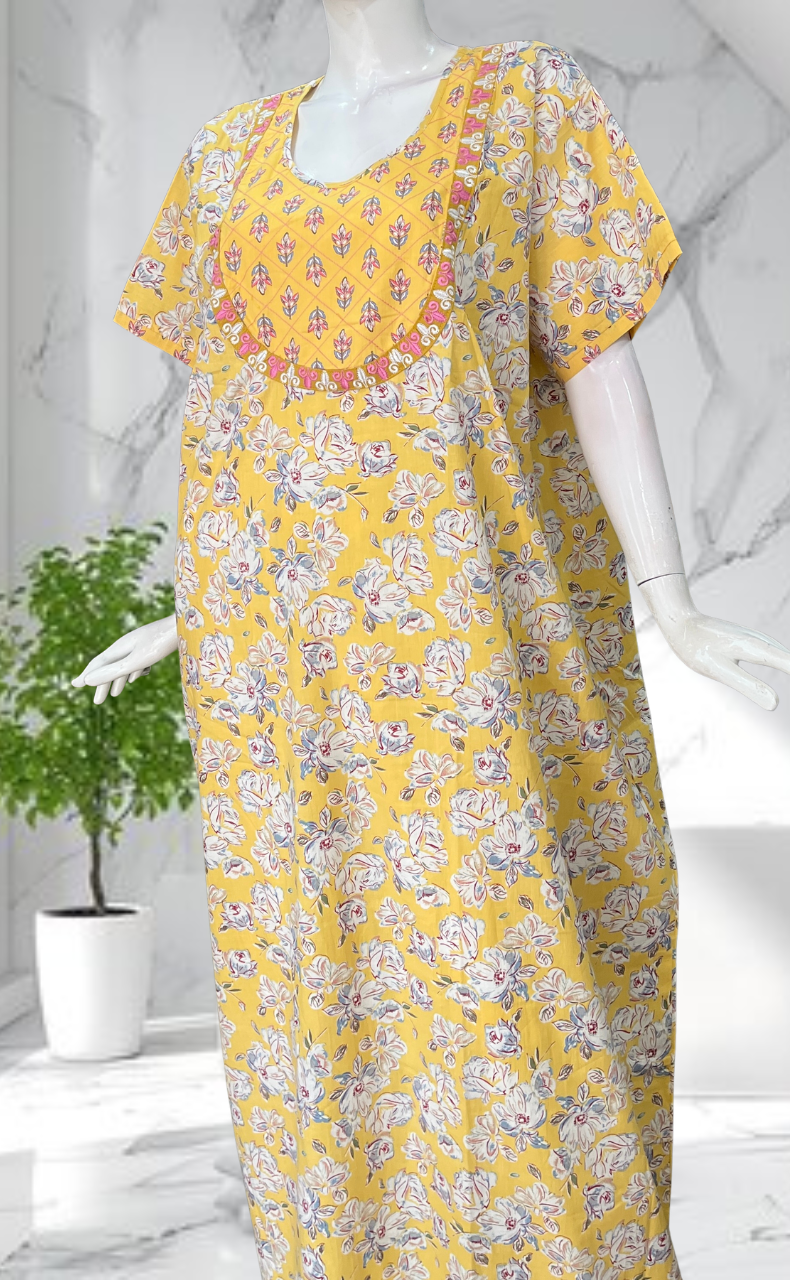 Yellow Garden Pure Cotton Nighty. Pure Durable Cotton | Laces and Frills