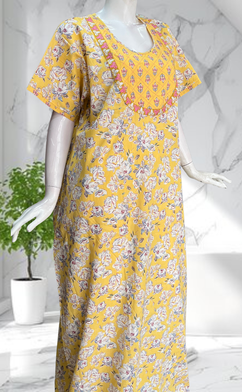 Yellow Garden Pure Cotton Nighty. Pure Durable Cotton | Laces and Frills