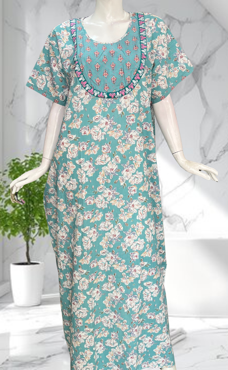 Sea Green Garden Pure Cotton Nighty. Pure Durable Cotton | Laces and Frills