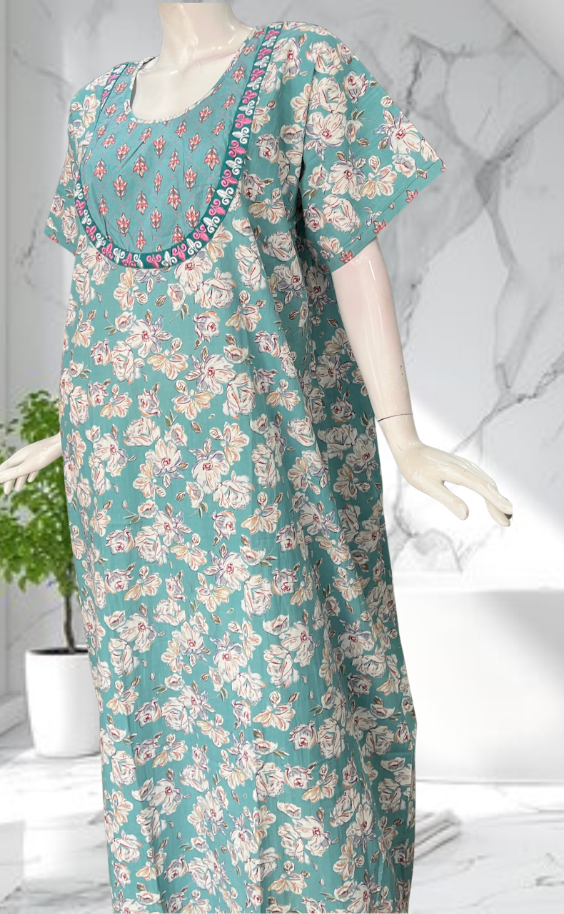 Sea Green Garden Pure Cotton Nighty. Pure Durable Cotton | Laces and Frills