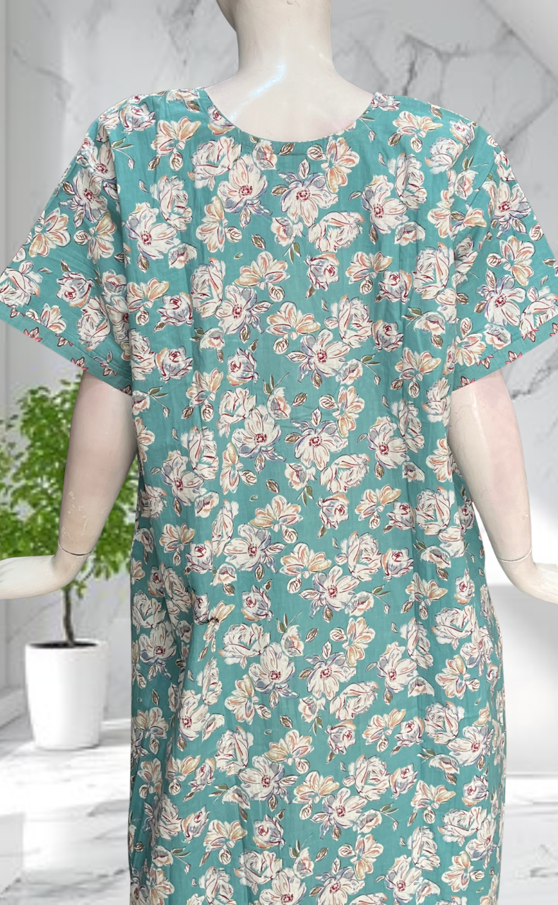 Sea Green Garden Pure Cotton Nighty. Pure Durable Cotton | Laces and Frills