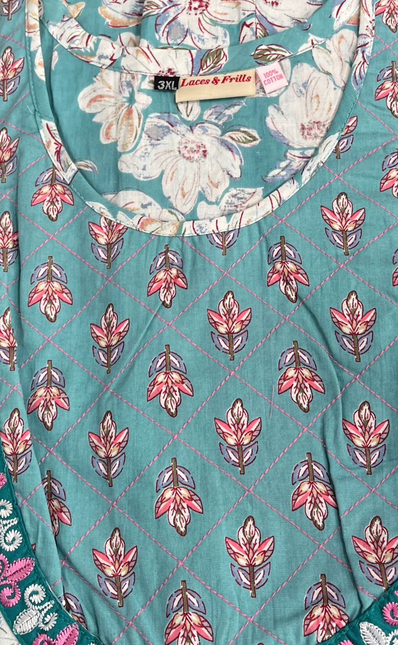 Sea Green Garden Pure Cotton Nighty. Pure Durable Cotton | Laces and Frills