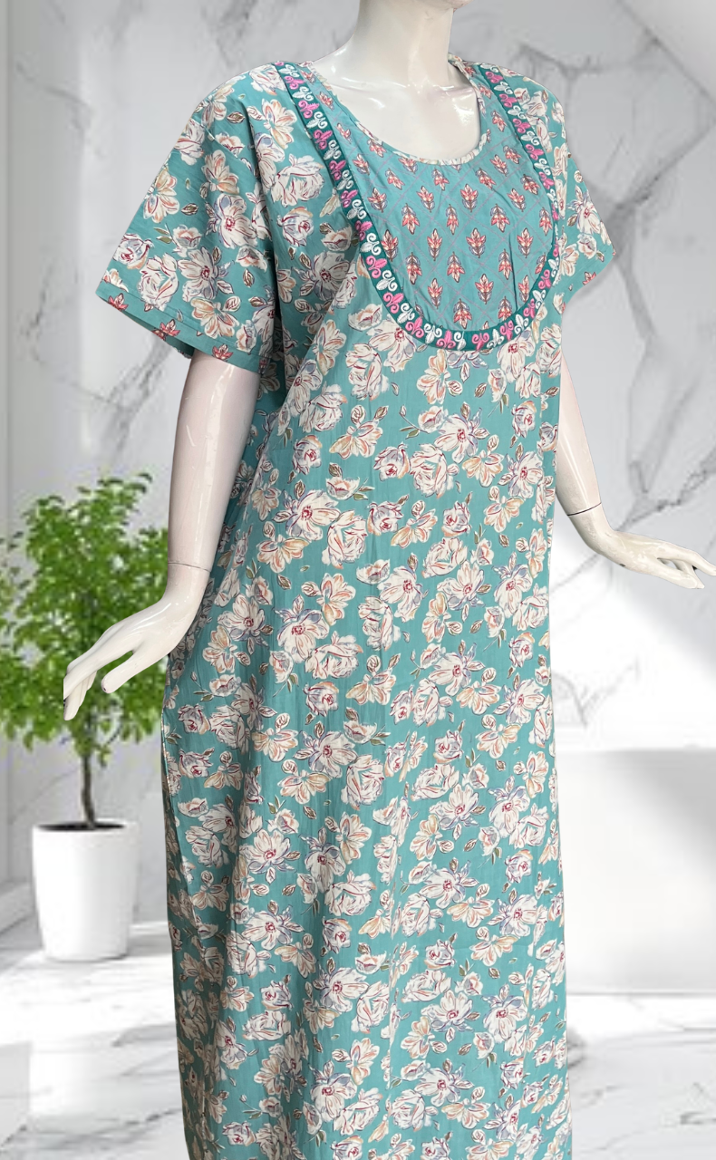 Sea Green Garden Pure Cotton Nighty. Pure Durable Cotton | Laces and Frills