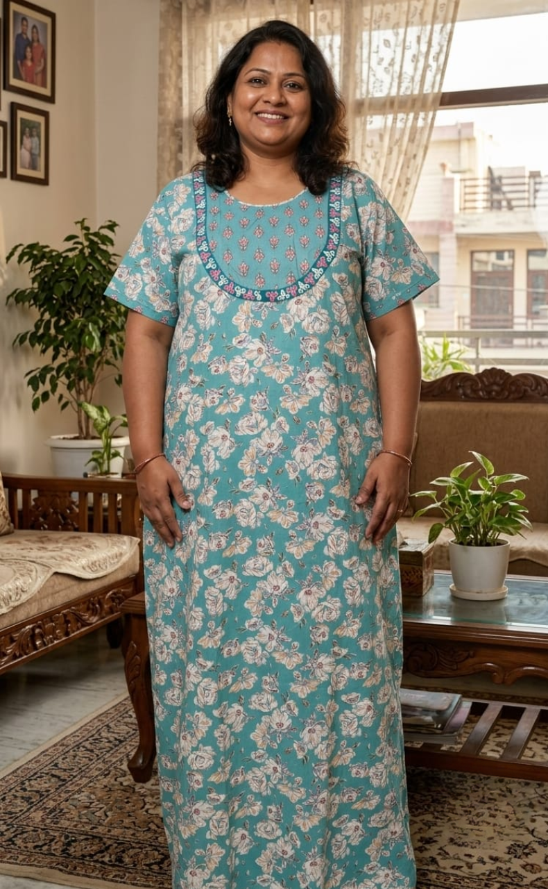 Sea Green Garden Pure Cotton Nighty. Pure Durable Cotton | Laces and Frills