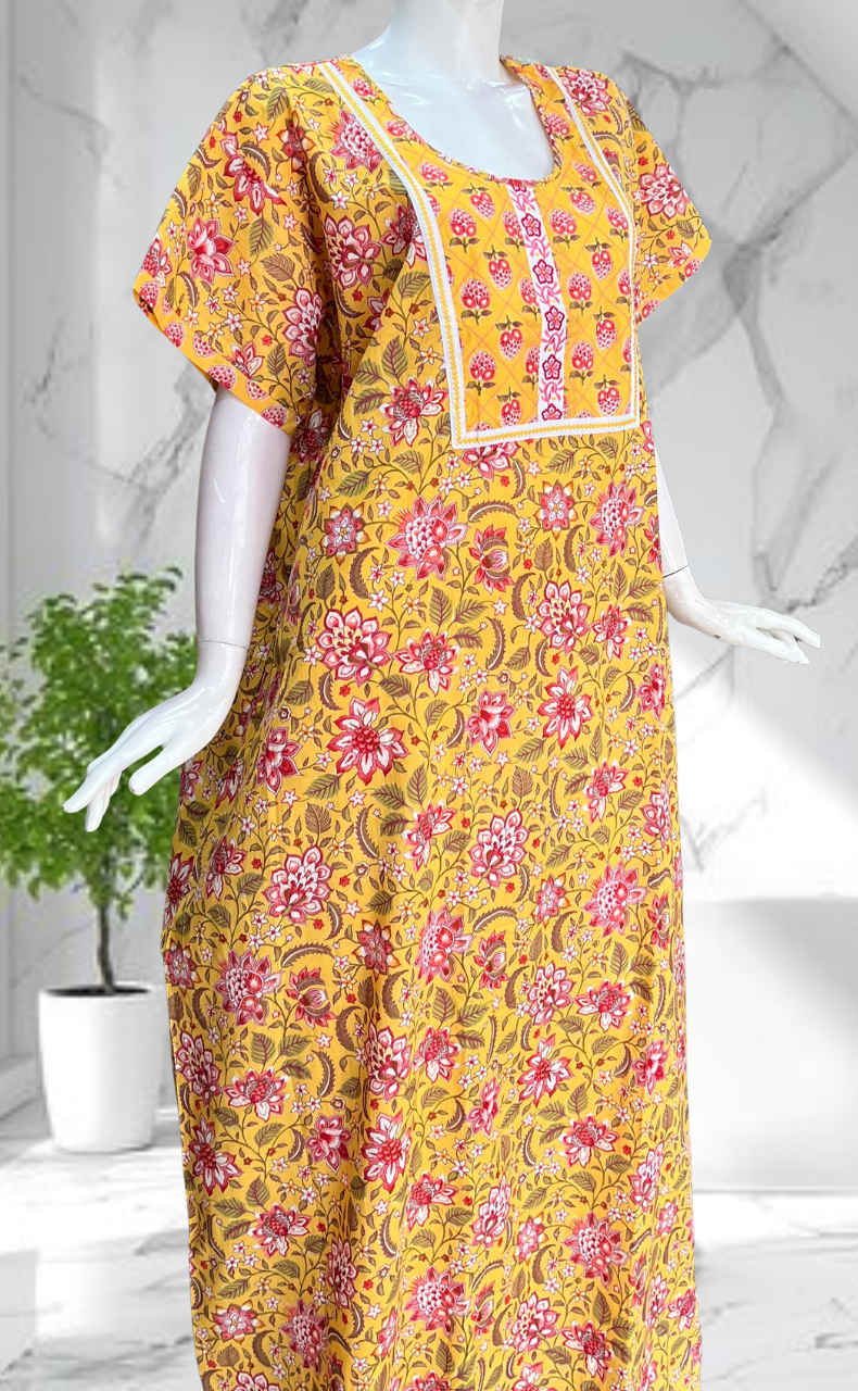 Yellow Garden Pure Cotton Nighty. Pure Durable Cotton | Laces and Frills