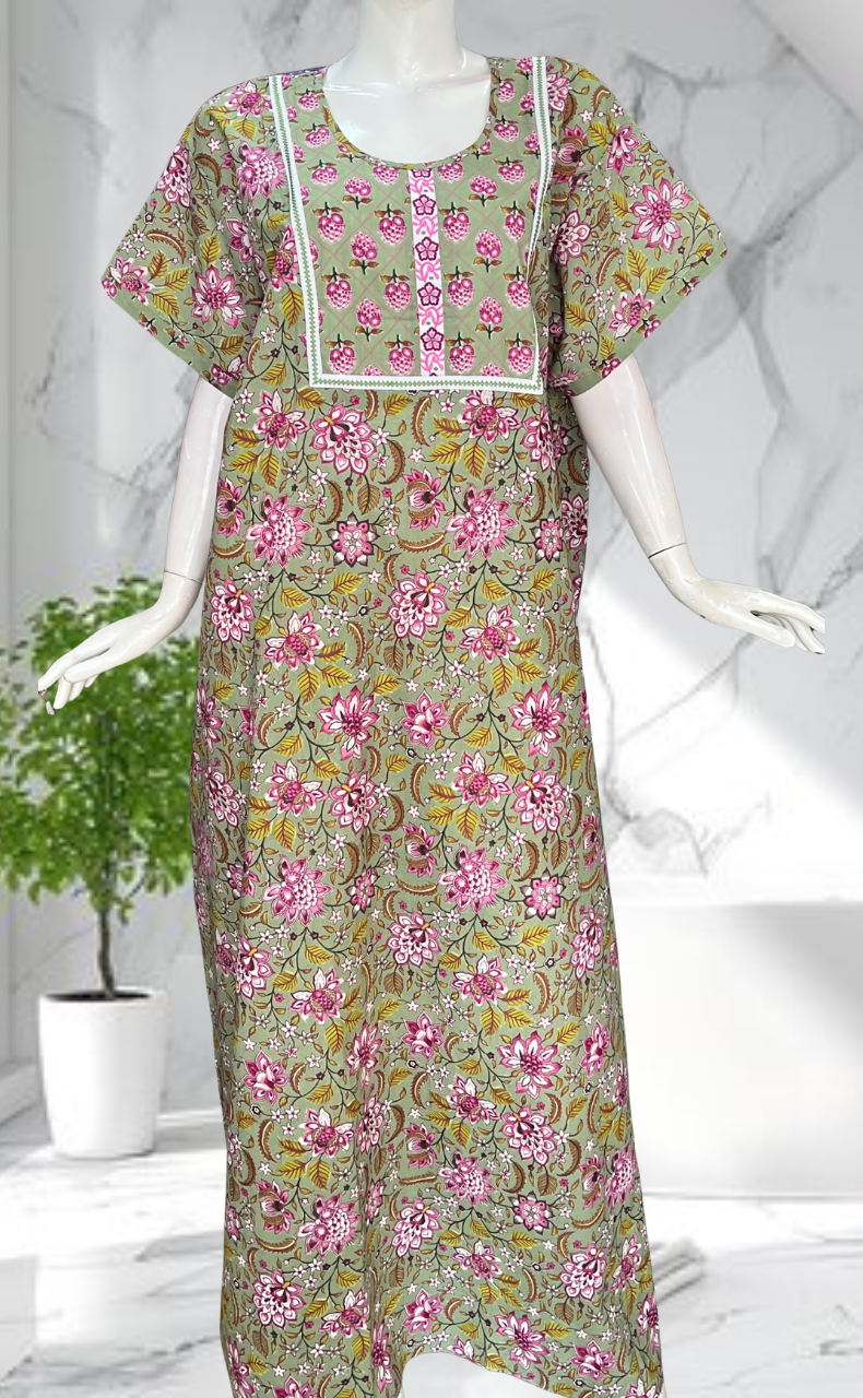 Pista Green Garden Pure Cotton Nighty. Pure Durable Cotton | Laces and Frills