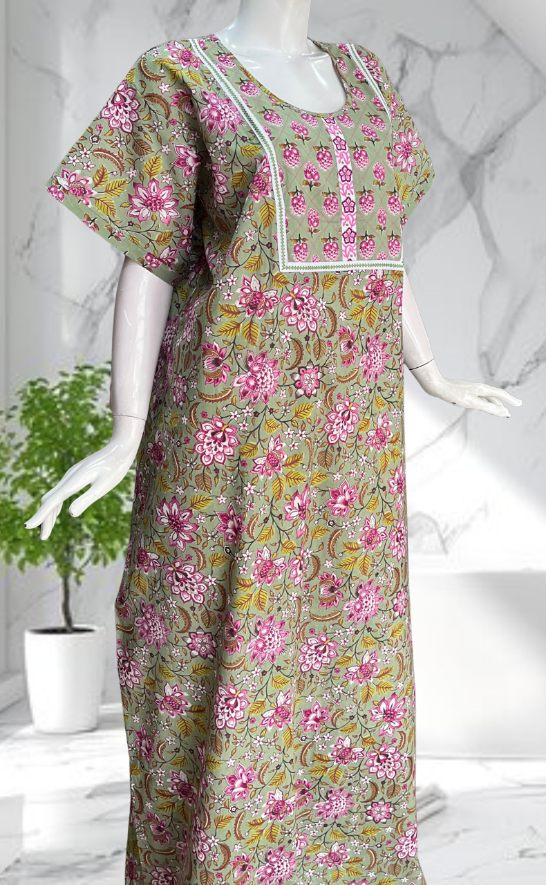 Pista Green Garden Pure Cotton Nighty. Pure Durable Cotton | Laces and Frills