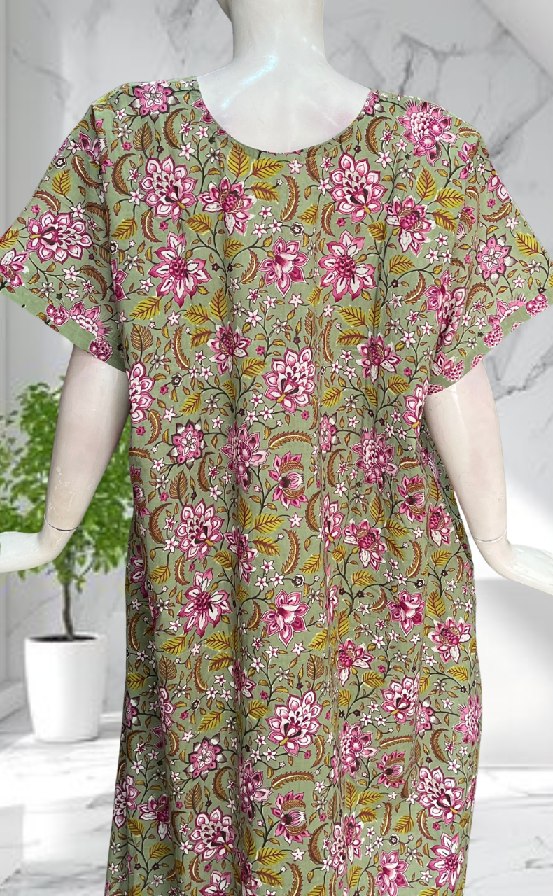 Pista Green Garden Pure Cotton Nighty. Pure Durable Cotton | Laces and Frills