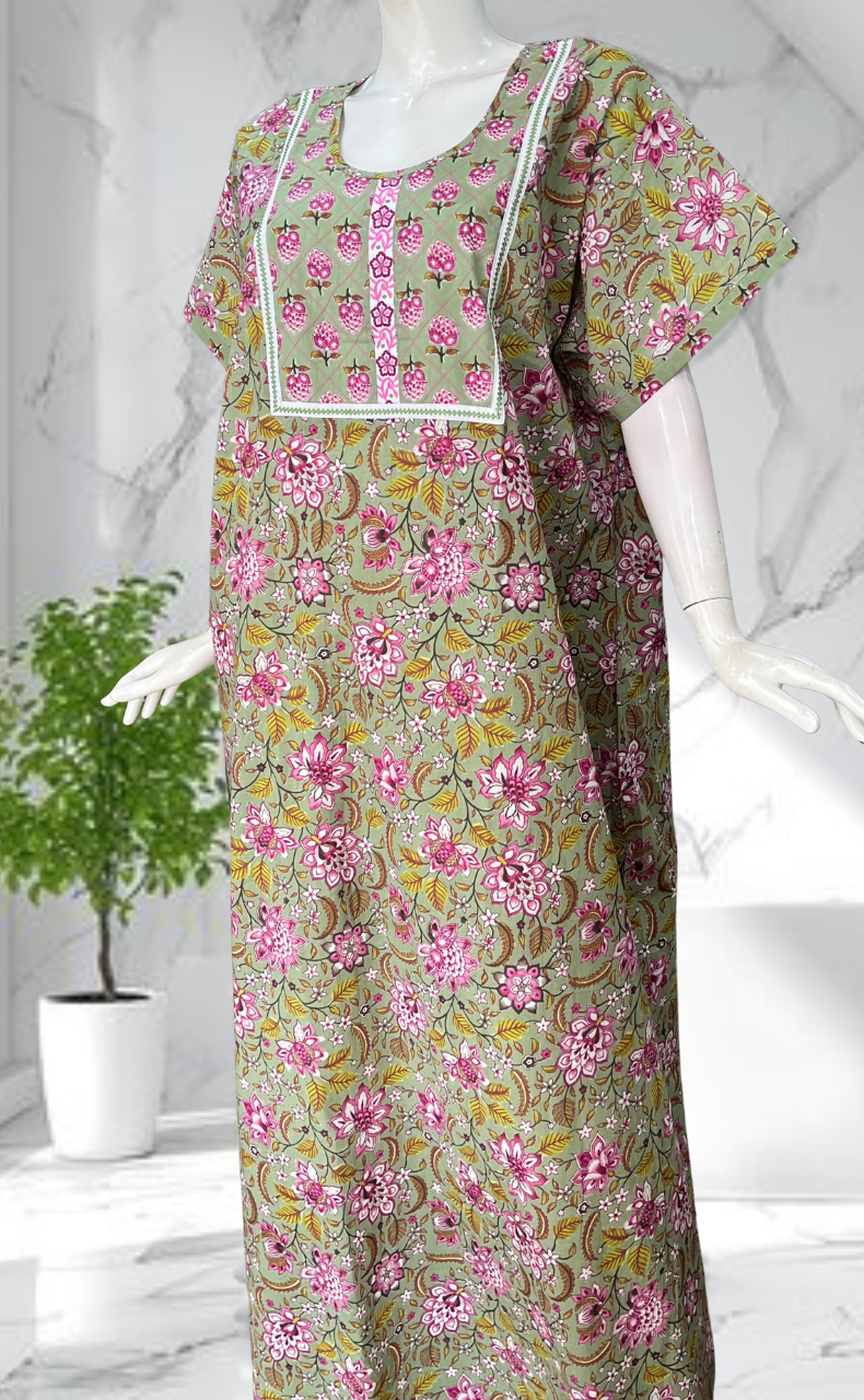 Pista Green Garden Pure Cotton Nighty. Pure Durable Cotton | Laces and Frills