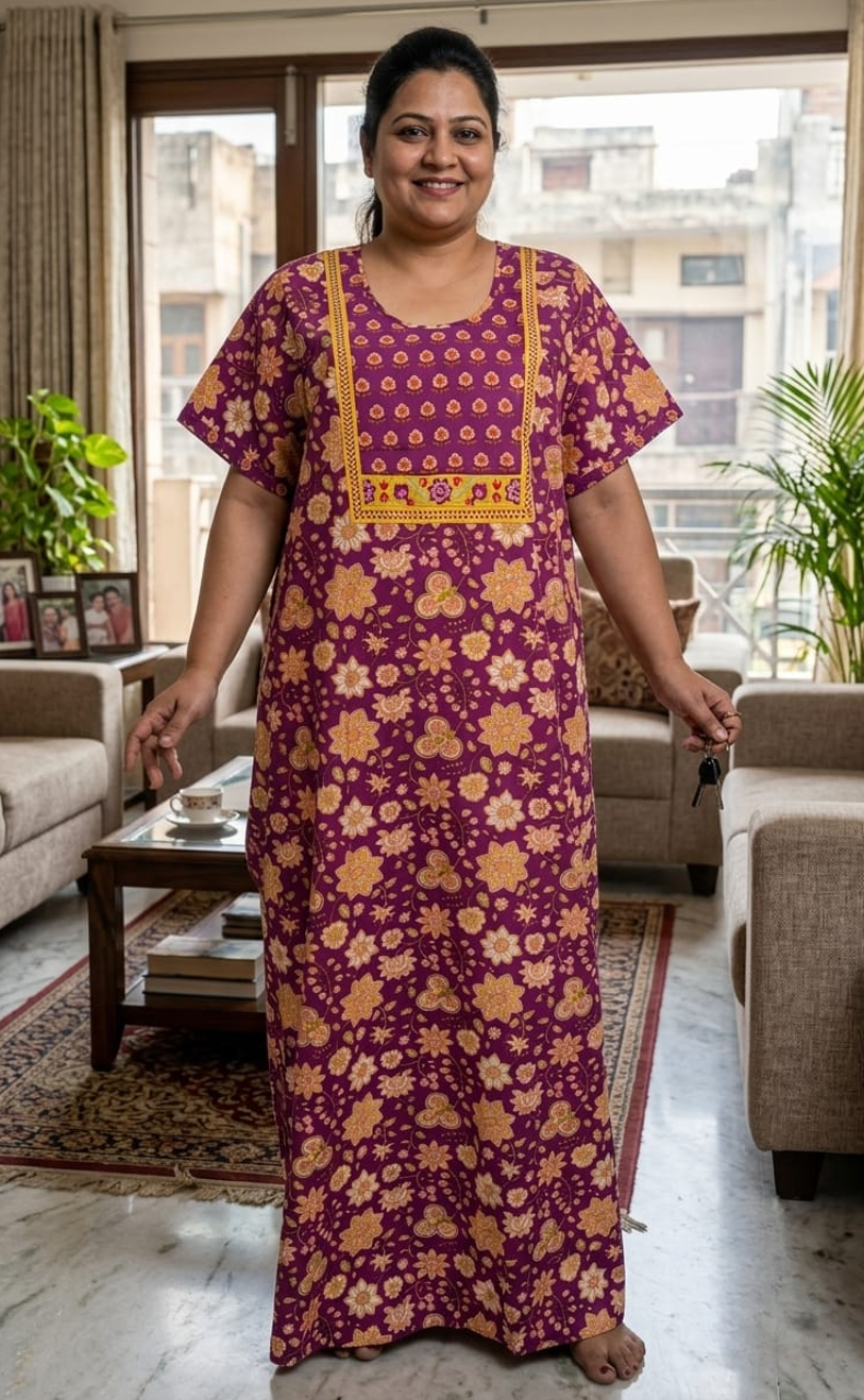 Purple Garden Pure Cotton Nighty. Pure Durable Cotton | Laces and Frills