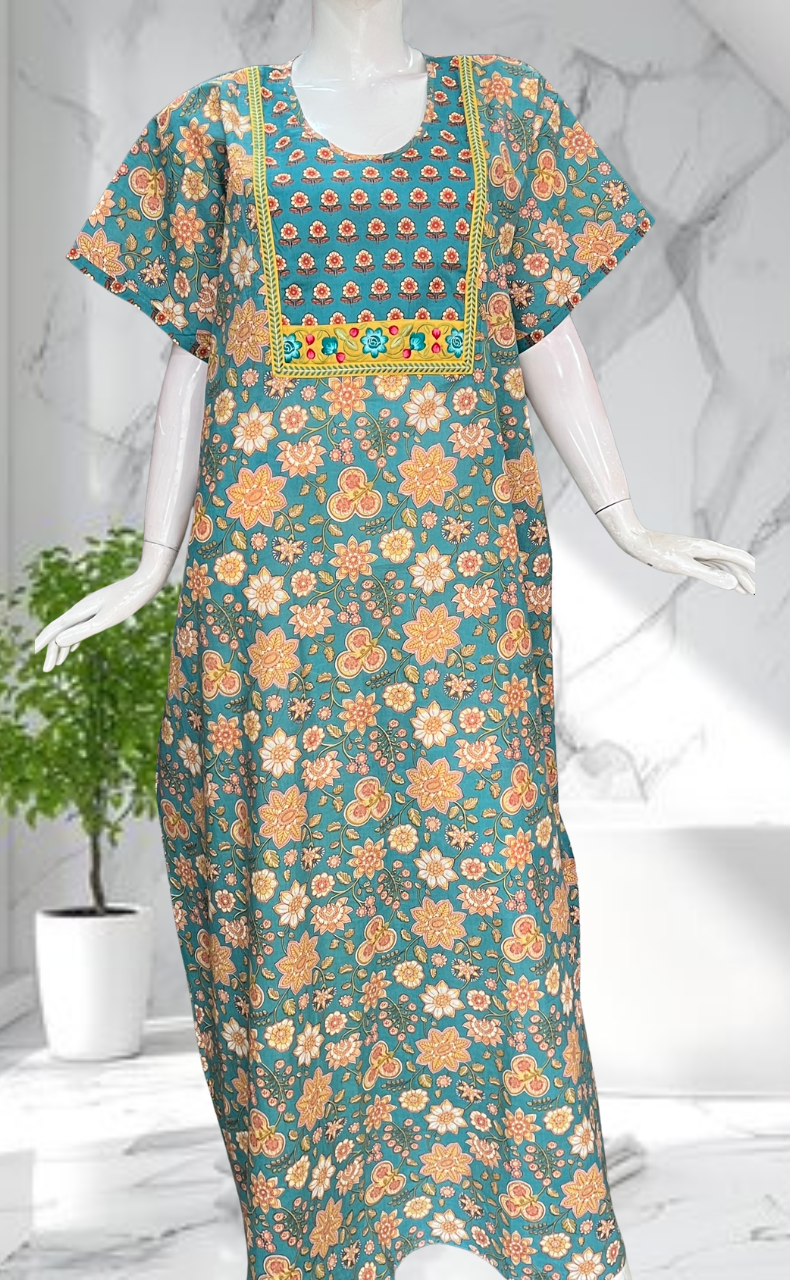 Sky Blue Garden Pure Cotton Nighty. Pure Durable Cotton | Laces and Frills