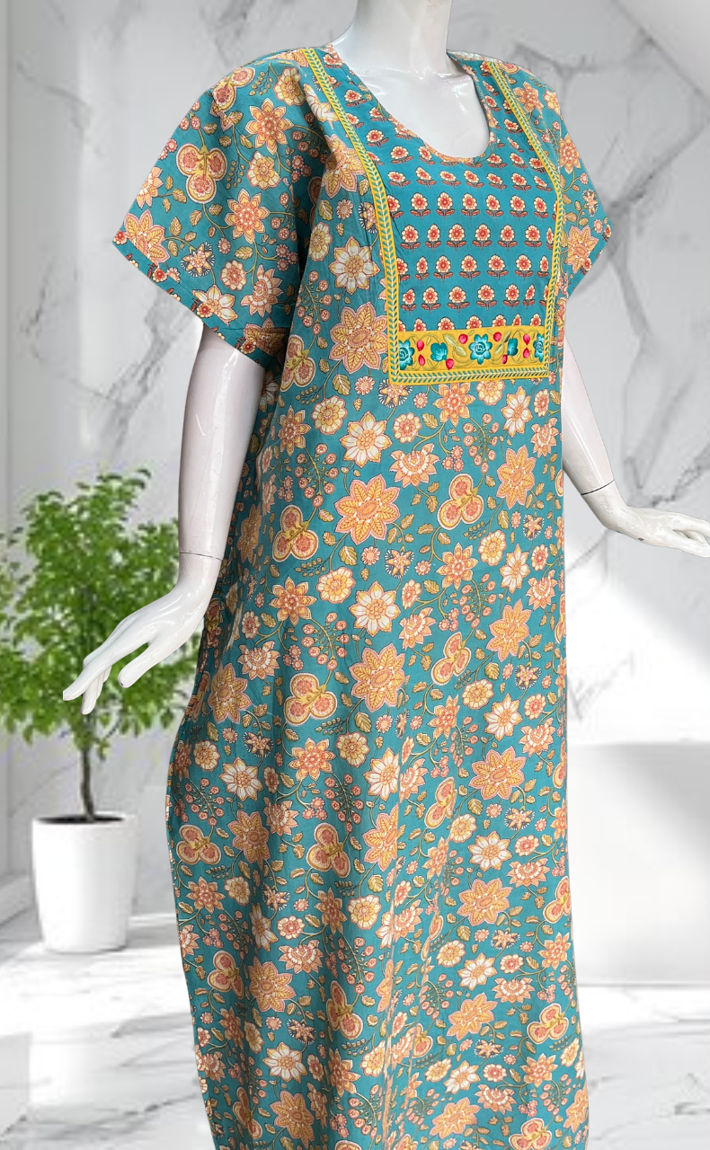 Sky Blue Garden Pure Cotton Nighty. Pure Durable Cotton | Laces and Frills