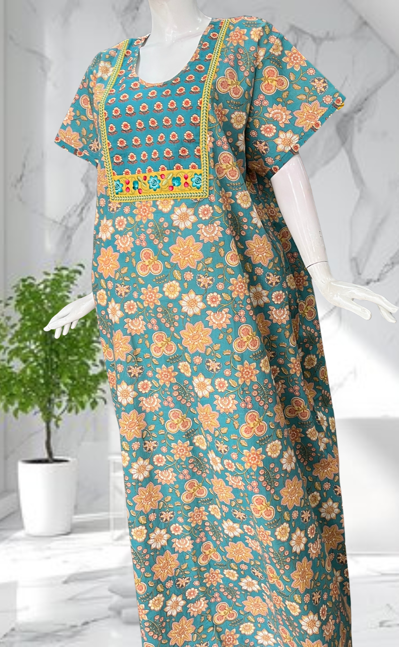 Sky Blue Garden Pure Cotton Nighty. Pure Durable Cotton | Laces and Frills