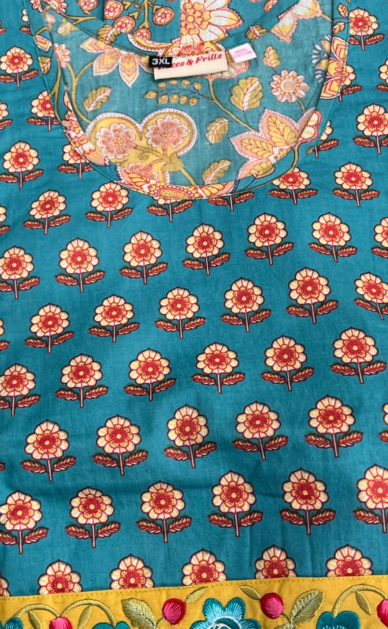 Sky Blue Garden Pure Cotton Nighty. Pure Durable Cotton | Laces and Frills