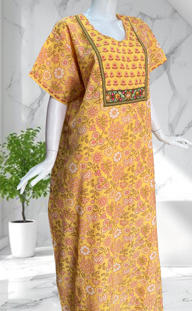 Yellow Garden Pure Cotton Nighty. Pure Durable Cotton | Laces and Frills