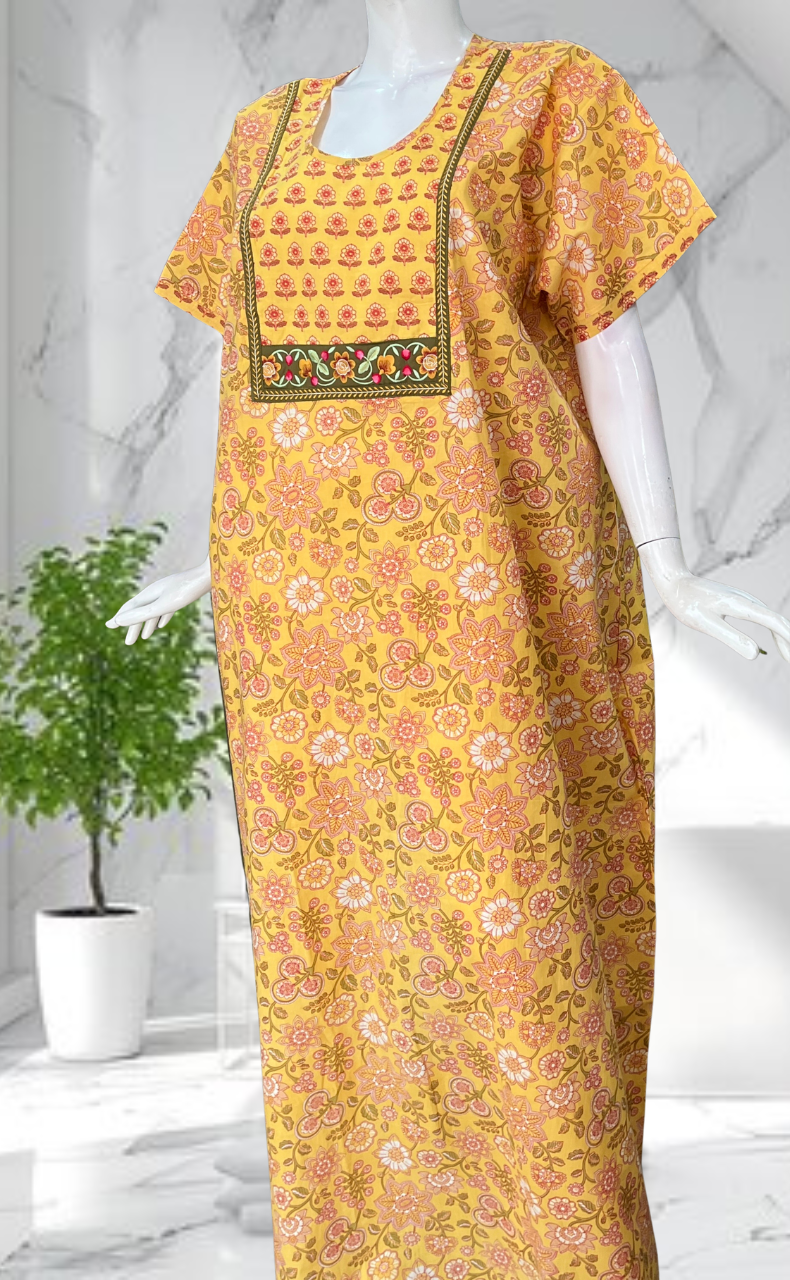 Yellow Garden Pure Cotton Nighty. Pure Durable Cotton | Laces and Frills