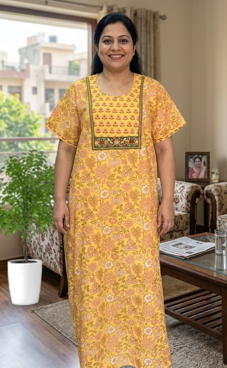 Yellow Garden Pure Cotton Nighty. Pure Durable Cotton | Laces and Frills