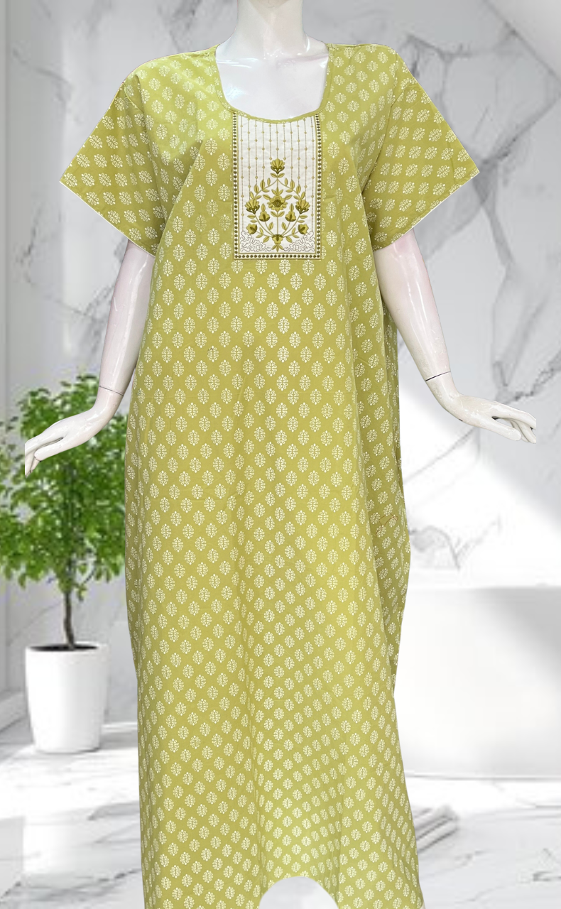 Pista Green Butta Pure Cotton Nighty. Pure Durable Cotton | Laces and Frills