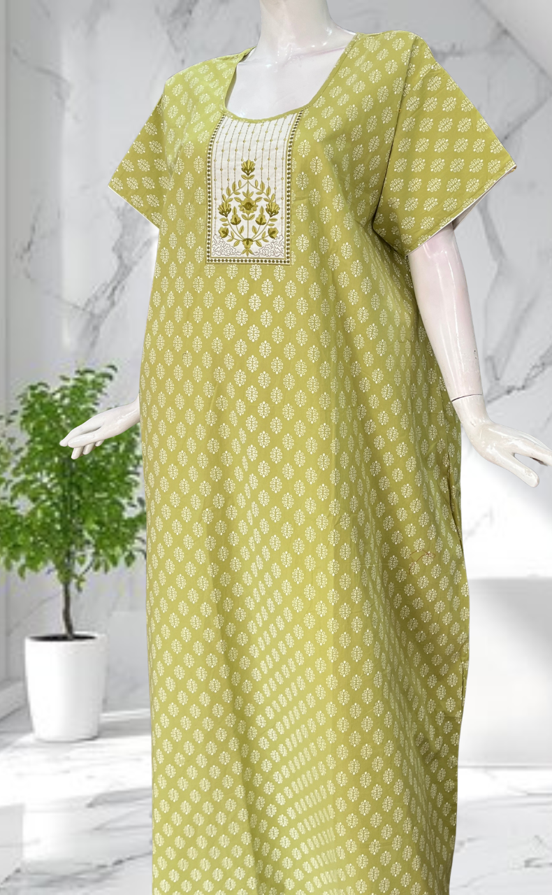 Pista Green Butta Pure Cotton Nighty. Pure Durable Cotton | Laces and Frills