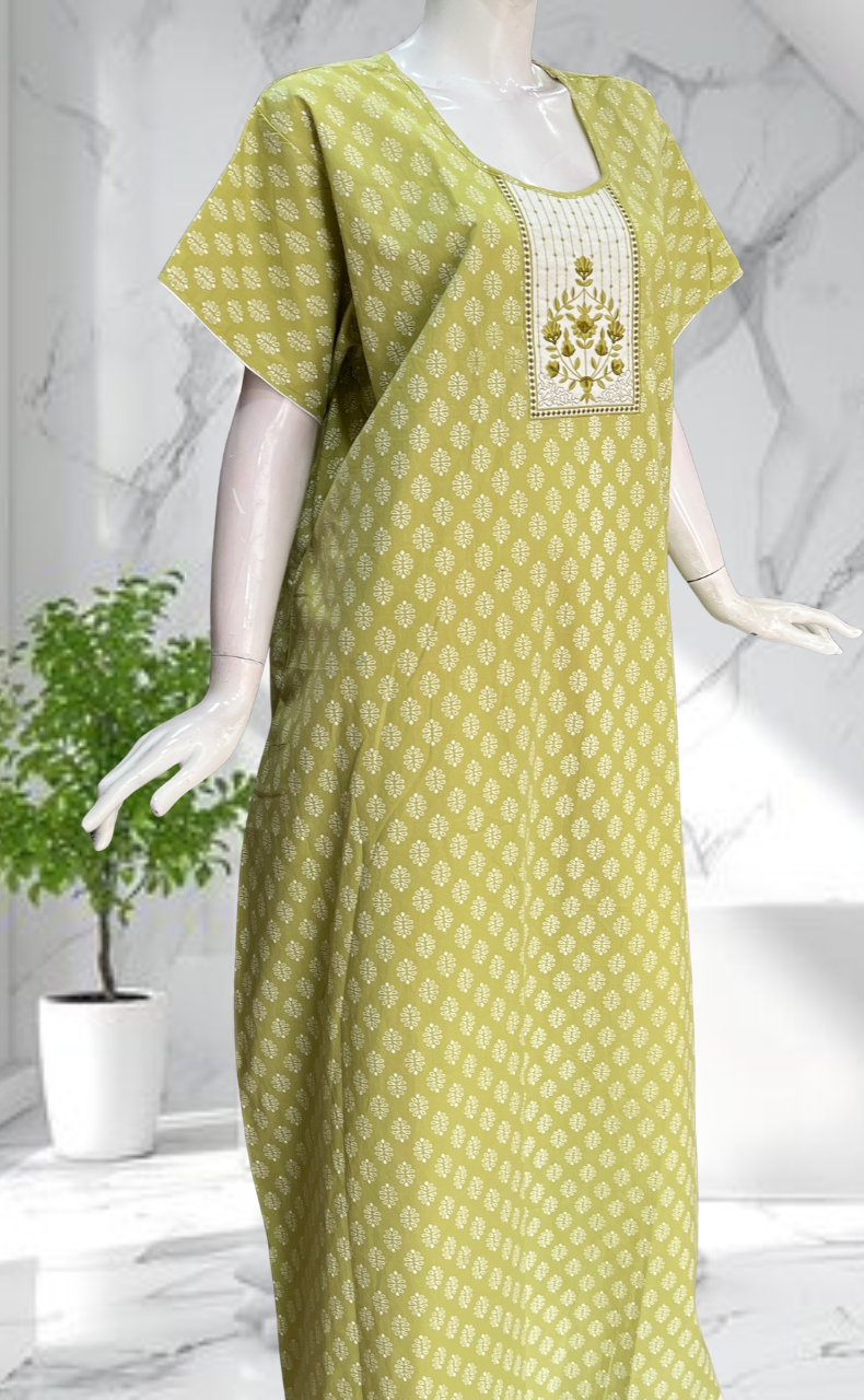 Pista Green Butta Pure Cotton Nighty. Pure Durable Cotton | Laces and Frills