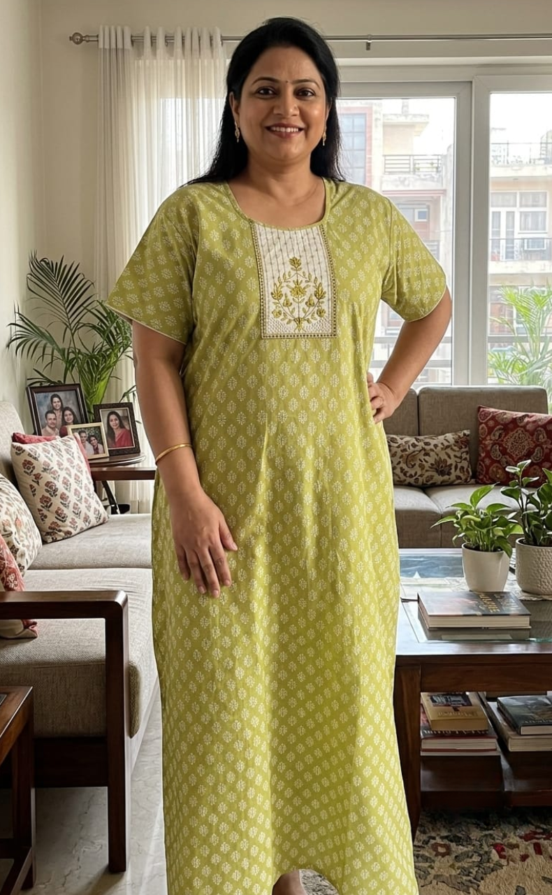Pista Green Butta Pure Cotton Nighty. Pure Durable Cotton | Laces and Frills