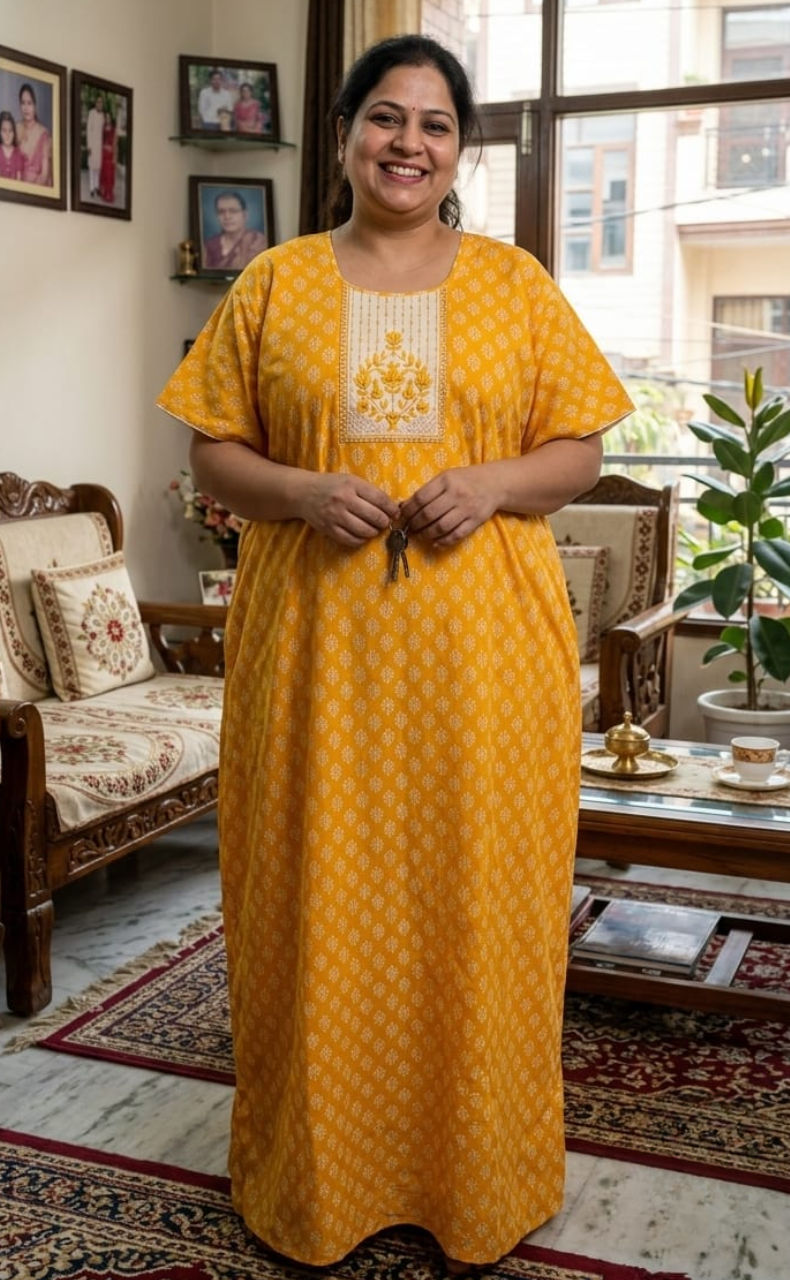 Yellow Butta Pure Cotton Nighty. Pure Durable Cotton | Laces and Frills