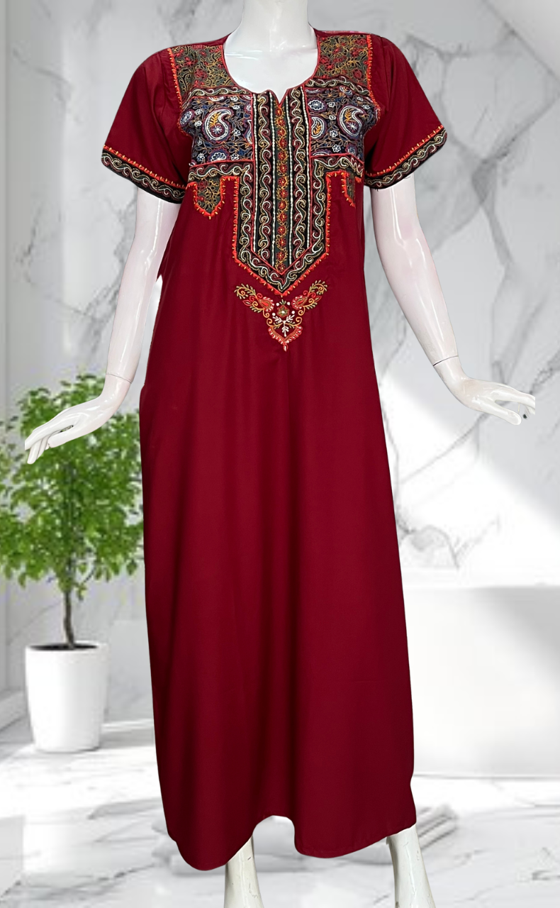 Maroon Bhopali Embroidery Soft Cotton Nighty. Soft Breathable Fabric | Laces and Frills