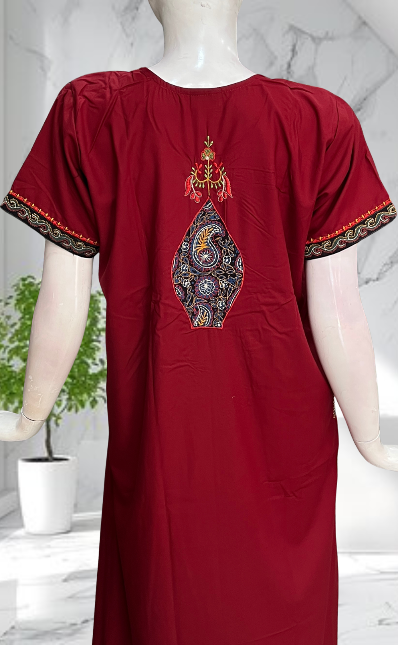 Maroon Bhopali Embroidery Soft Cotton Nighty. Soft Breathable Fabric | Laces and Frills