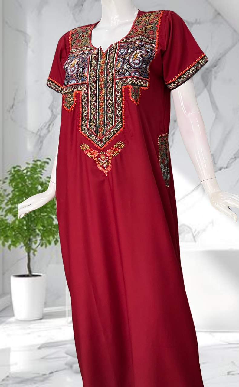 Maroon Bhopali Embroidery Soft Cotton Nighty. Soft Breathable Fabric | Laces and Frills