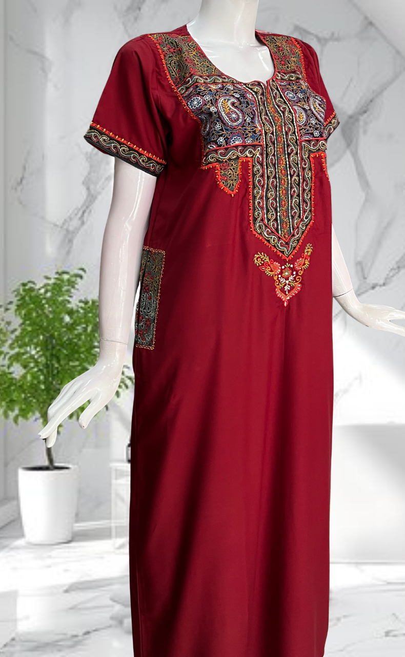 Maroon Bhopali Embroidery Soft Cotton Nighty. Soft Breathable Fabric | Laces and Frills