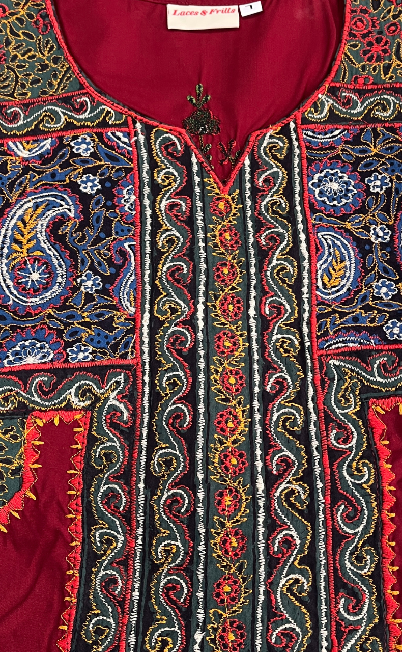 Maroon Bhopali Embroidery Soft Cotton Nighty. Soft Breathable Fabric | Laces and Frills