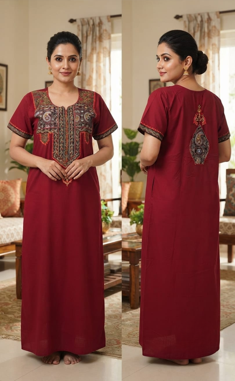 Maroon Bhopali Embroidery Soft Cotton Nighty. Soft Breathable Fabric | Laces and Frills