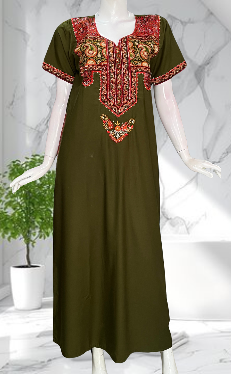 Mehndi Green Bhopali Embroidery Soft Cotton Nighty. Soft Breathable Fabric | Laces and Frills