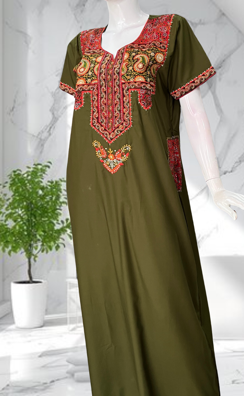 Mehndi Green Bhopali Embroidery Soft Cotton Nighty. Soft Breathable Fabric | Laces and Frills