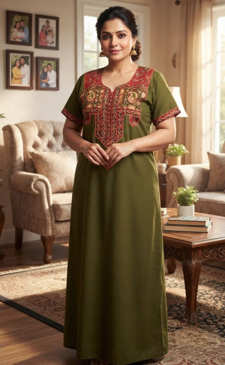 Mehndi Green Bhopali Embroidery Soft Cotton Nighty. Soft Breathable Fabric | Laces and Frills