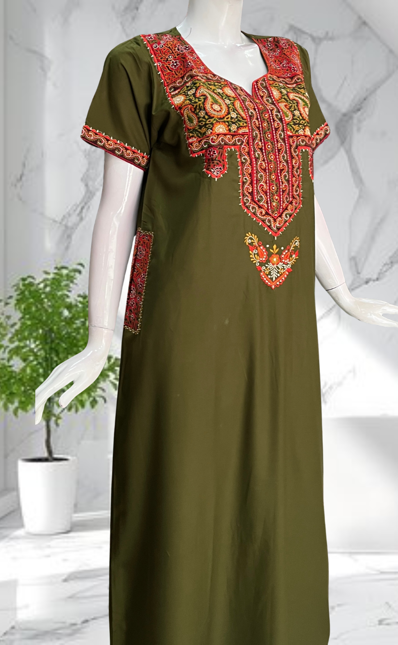 Mehndi Green Bhopali Embroidery Soft Cotton Nighty. Soft Breathable Fabric | Laces and Frills