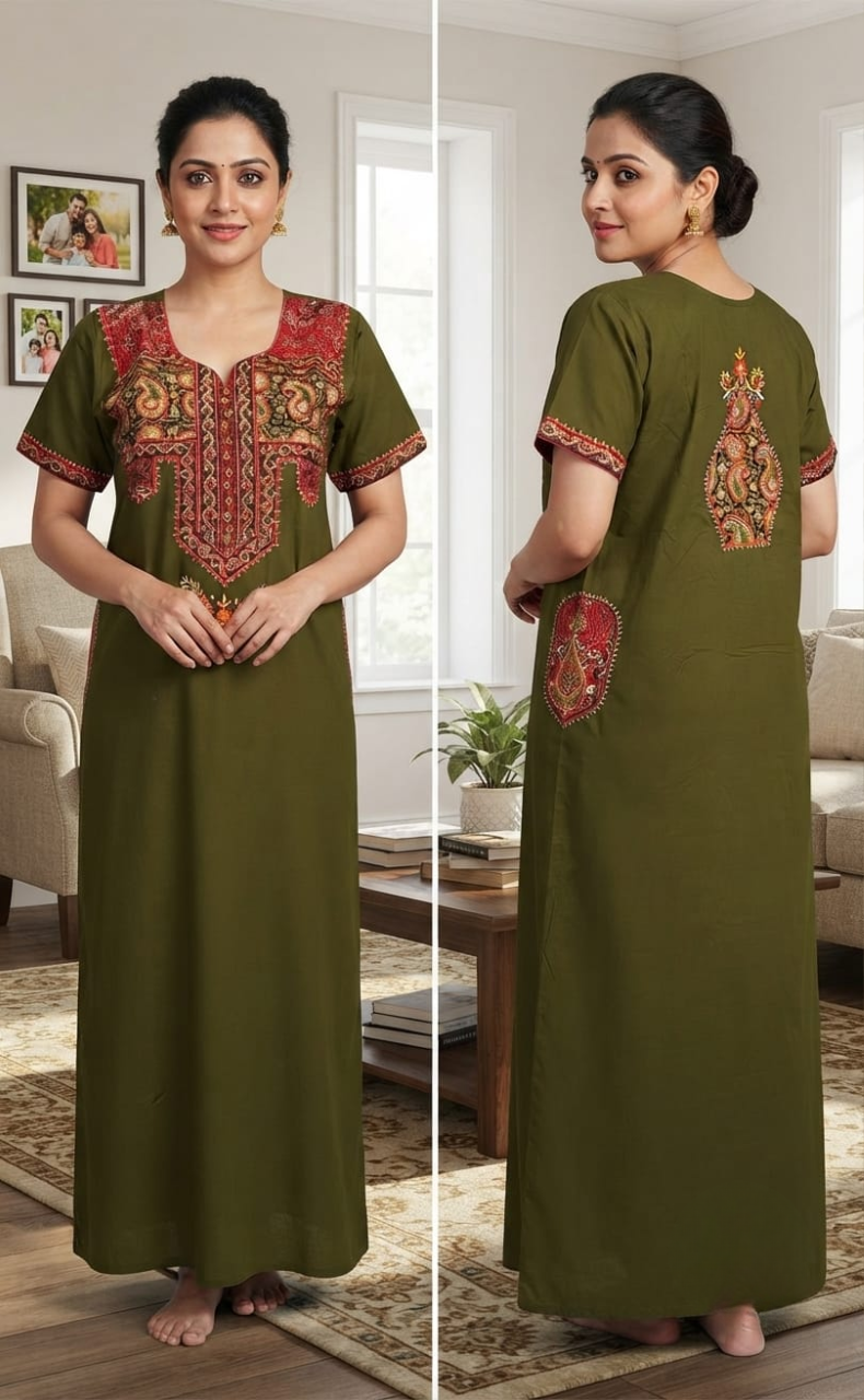 Mehndi Green Bhopali Embroidery Soft Cotton Nighty. Soft Breathable Fabric | Laces and Frills
